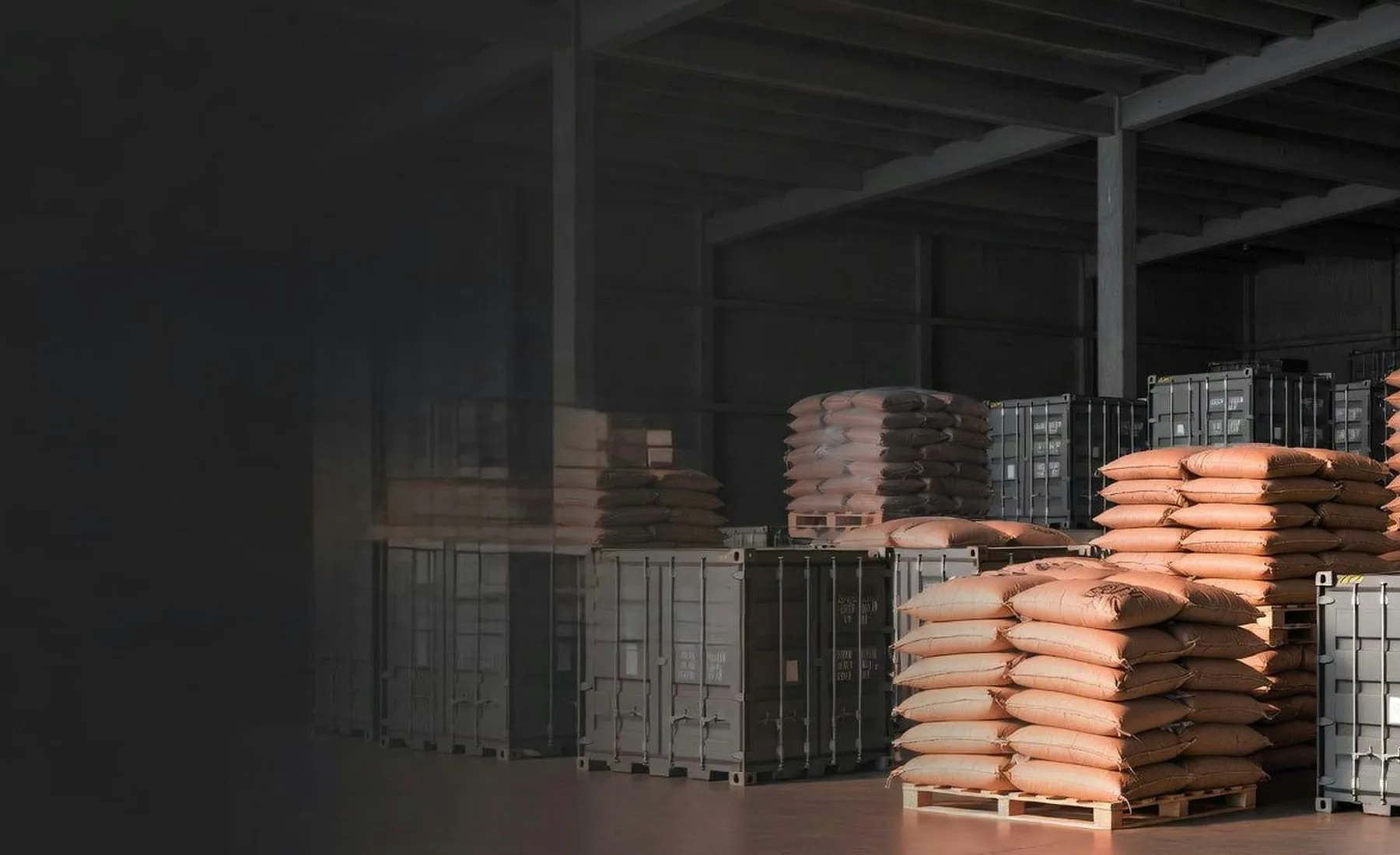 Export-ready agricultural commodity sacks stored in a warehouse
